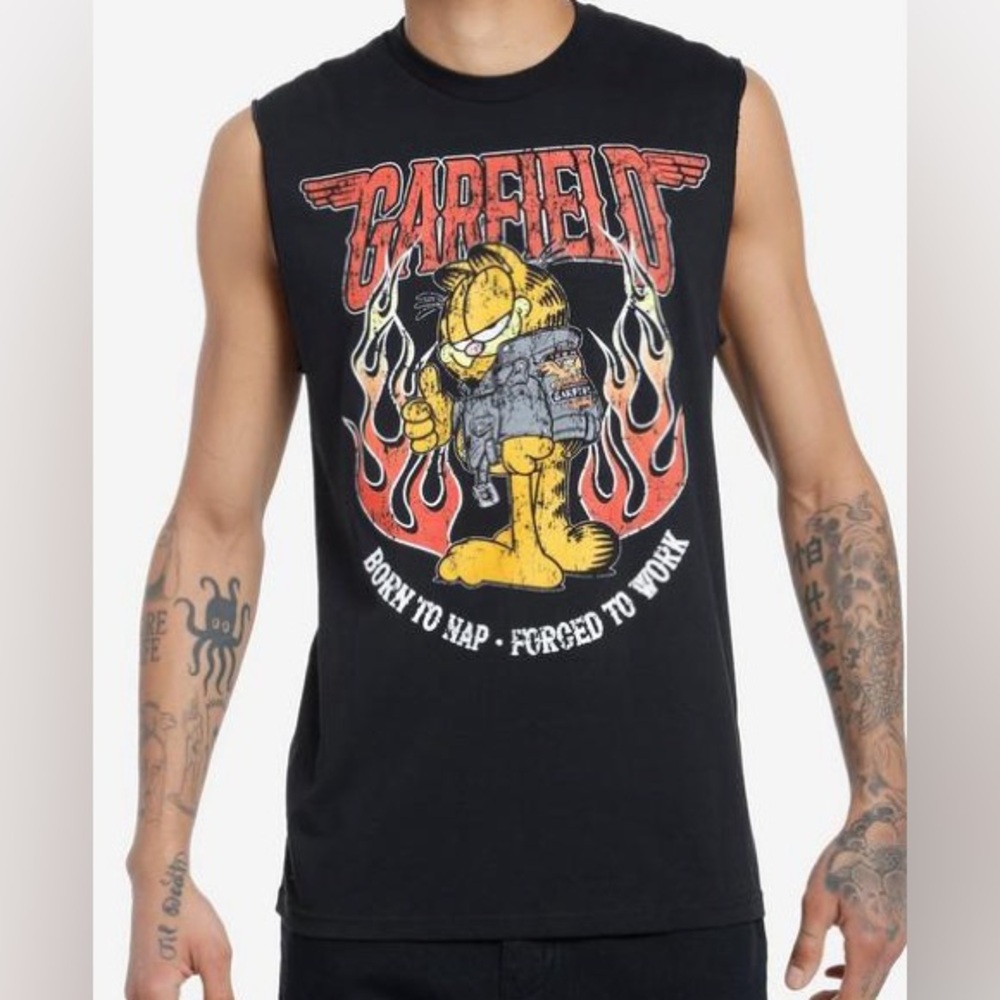 NWT Hot Topic Black Garfield Graphic Tank Born to Nap Forced to Work NEW Flames